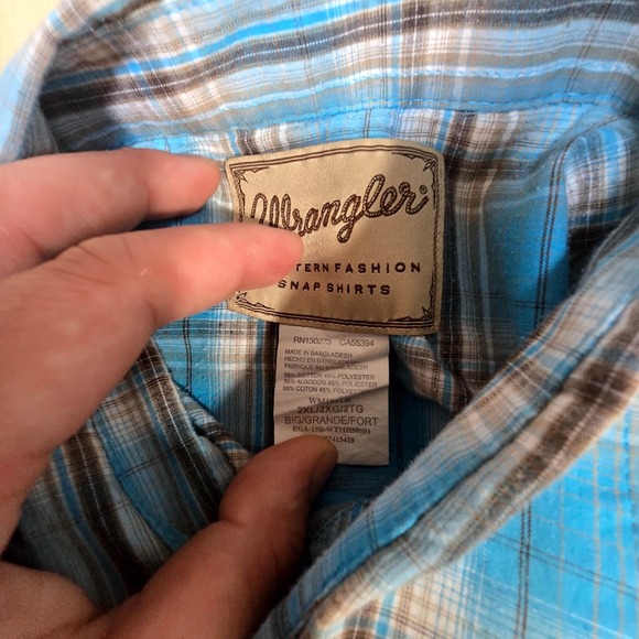 Wrangler Shirt Mens 2XL Blue Plaid Cotton Short Sleeve Classic Casual Snap Front - Picture 3 of 5